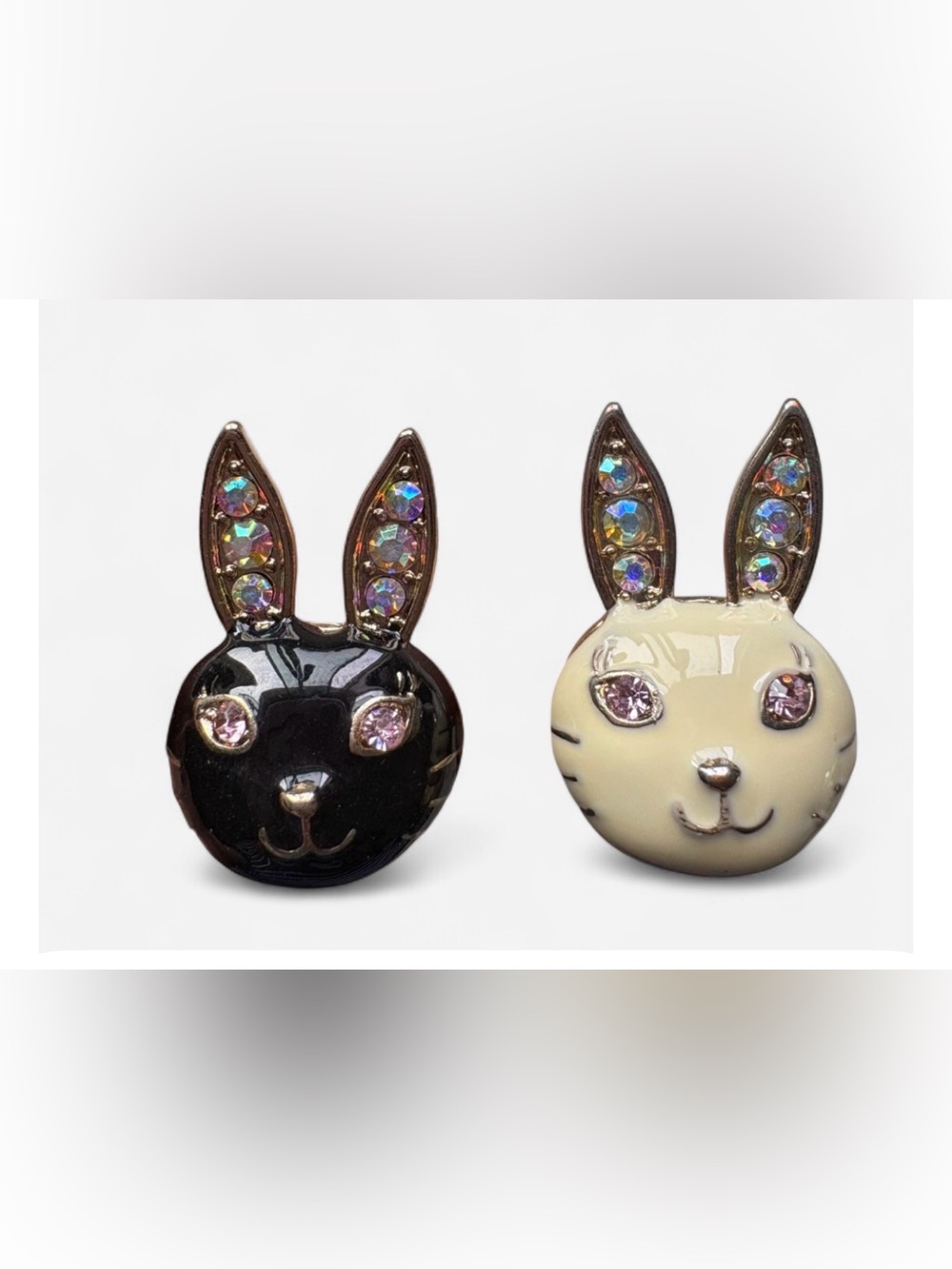 Bunny rabbit rings - Black and Cream with Crystal Accents size adjustable